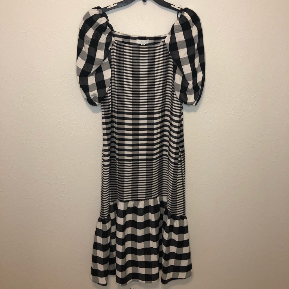Topshop puff sleeve black and white midi dress
